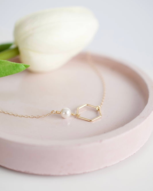 Sideways Gold Pearl Necklace